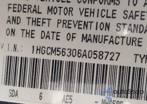 2006 Honda Accord 2.4 Se из США, поврежденный, VIN 1HGCM56306A058727